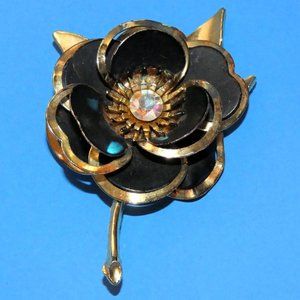 Vintage Flower Brooch Pin Floral Rhinestone Black Gold Tone Signed JLR J.L.R.